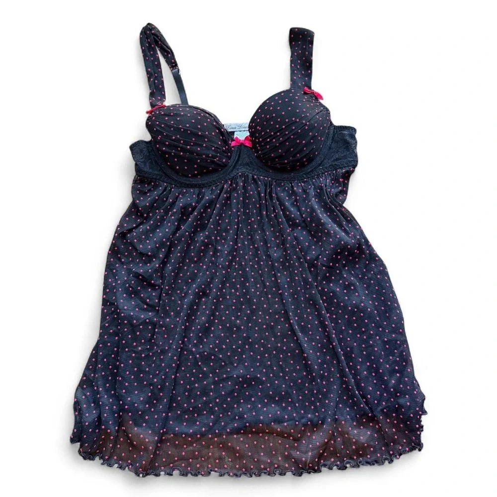 Y2K Linea Donatella Black & pink polka dot babydoll w/ underwire & bow Size M‎